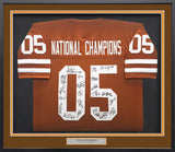 2005 National Champions Texas Longhorns Autographed Framed Orange Jersey With 24 Signatures Including Vince Young Beckett BAS QR Stock #252809