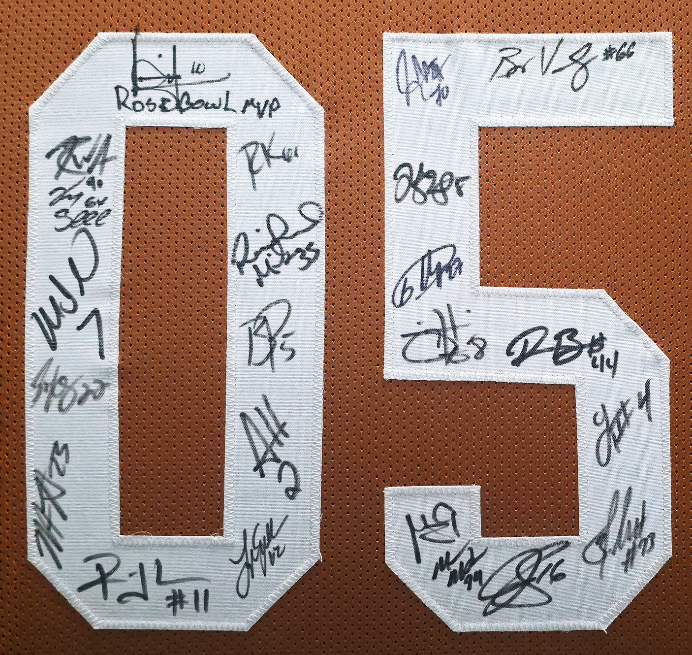 2005 National Champions Texas Longhorns Autographed Framed Orange Jersey With 24 Signatures Including Vince Young Beckett BAS QR Stock #252809