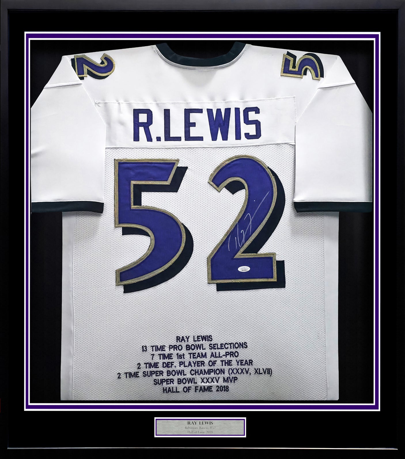 Baltimore Ravens Ray Lewis Autographed Framed White Jersey JSA Stock #252811