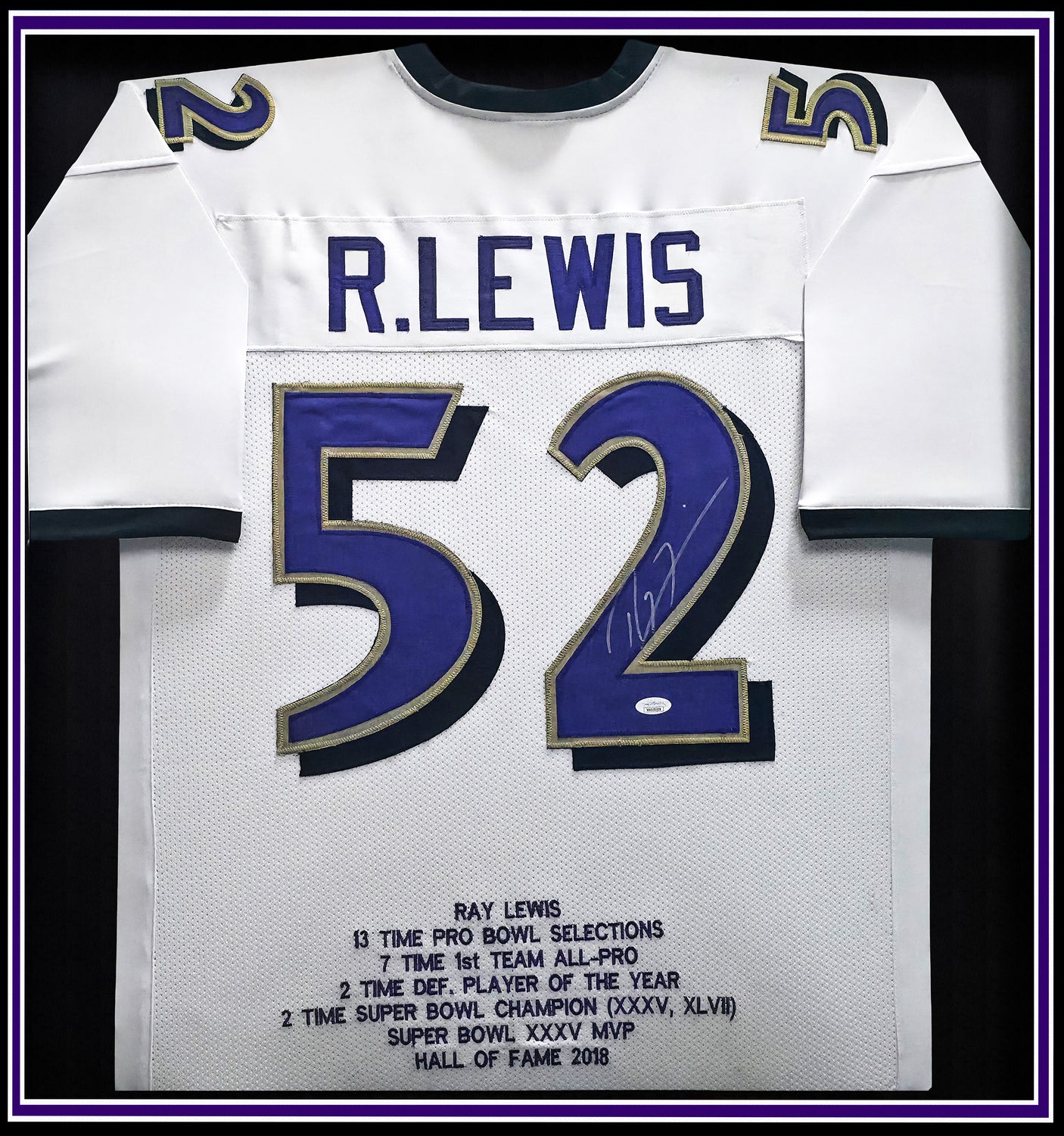 Baltimore Ravens Ray Lewis Autographed Framed White Jersey JSA Stock #252811
