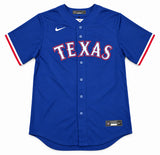 Texas Rangers Evan Carter Autographed Blue Nike Jersey Size XL "23 WS Champs" Beckett BAS Witness Stock #268180