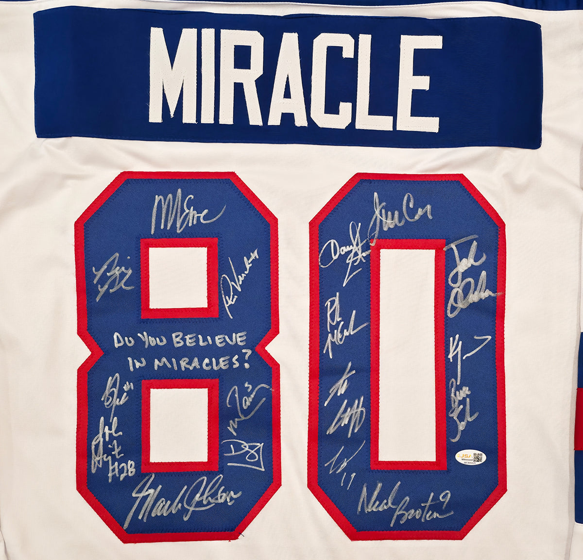 1980 Team USA Miracle on Ice Autographed White Jersey With 17 Signatures Including Mike Eruzione & Jim Craig "Do You Believe in Miracles" JSA Witness Stock #268133