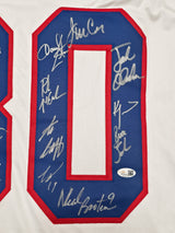 1980 Team USA Miracle on Ice Autographed White Jersey With 17 Signatures Including Mike Eruzione & Jim Craig "Do You Believe in Miracles" JSA Witness Stock #268133