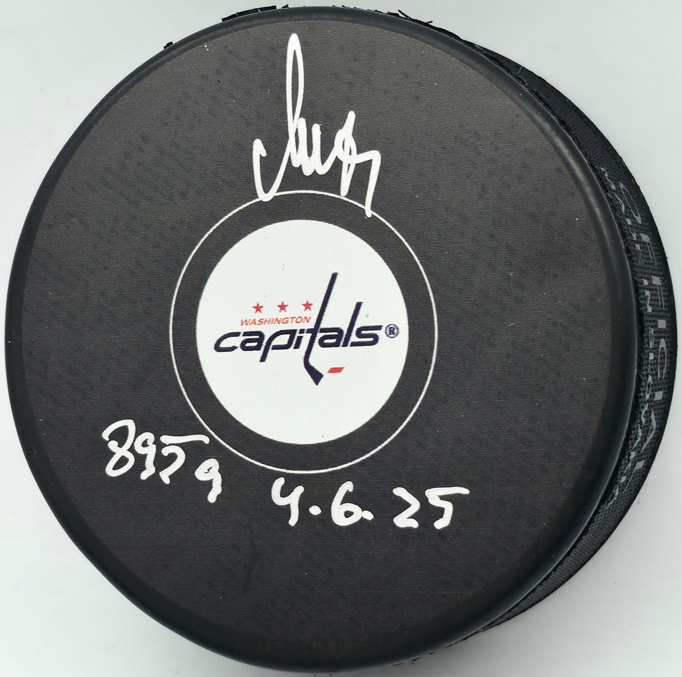 Alex Ovechkin Autographed Washington Capitals Logo Hockey Puck Washington Capitals "895G 4.6.25" Fanatics Holo Stock #253719