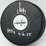 Alex Ovechkin Autographed Washington Capitals Logo Hockey Puck Washington Capitals "895G 4.6.25" Fanatics Holo Stock #253719
