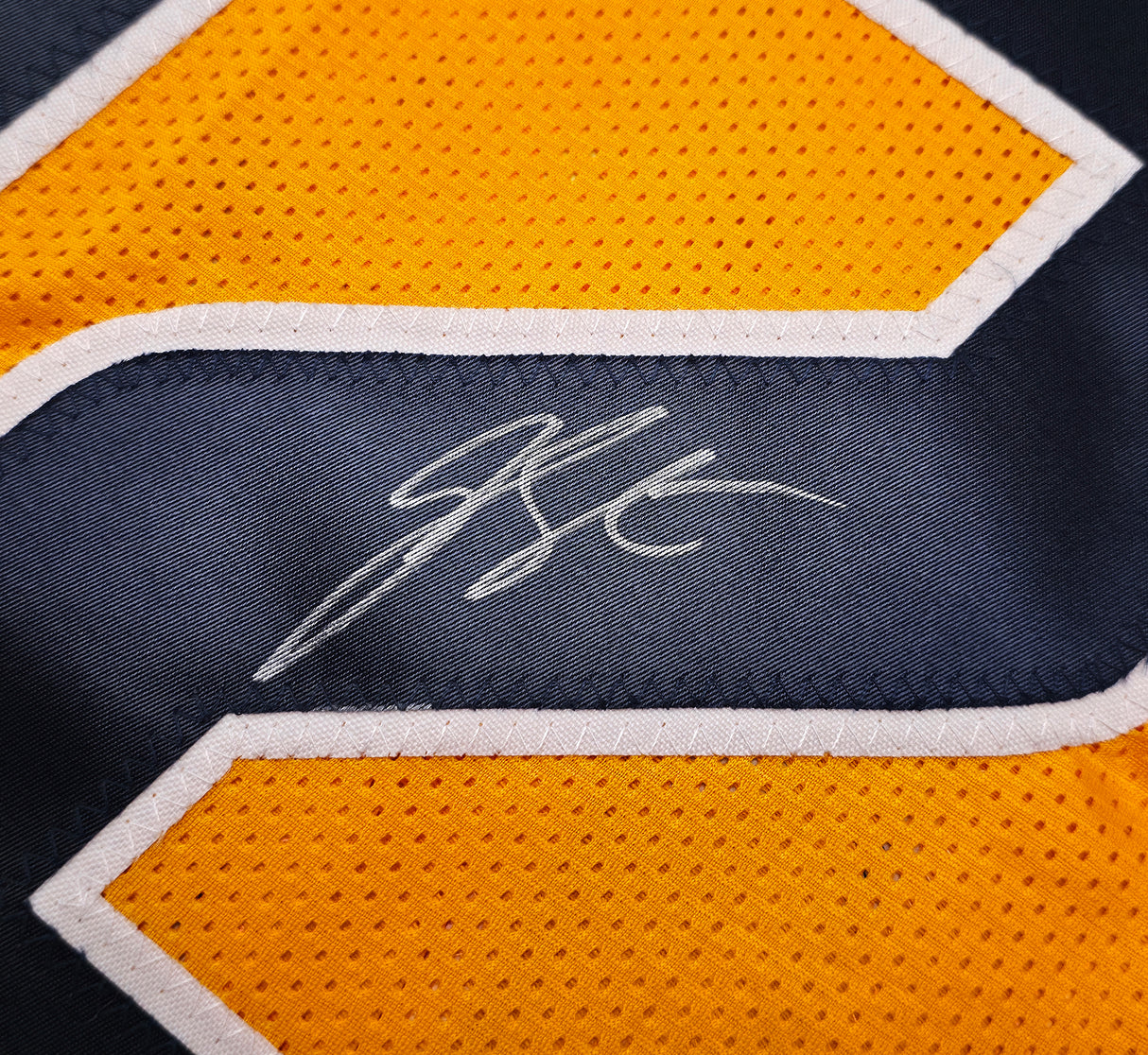 West Virginia Mountaineer Geno Smith Autographed Gold Jersey Beckett BAS Witness Stock #254166