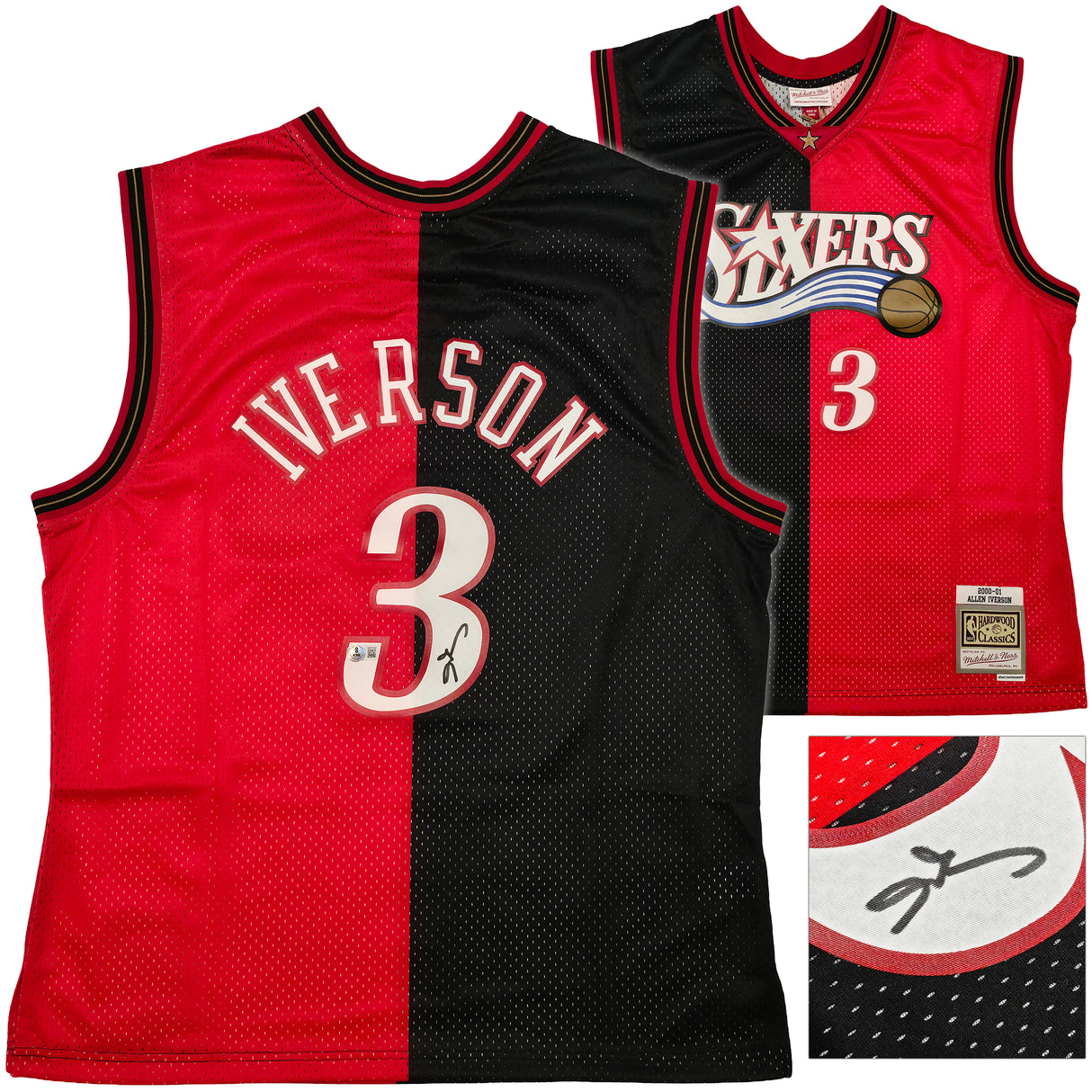 Philadelphia 76ers Allen Iverson Autographed Black & Red Authentic Mitchell & Ness 2000-01 HWC Swingman Split Jersey Size XL Beckett BAS Witness Stock #253624