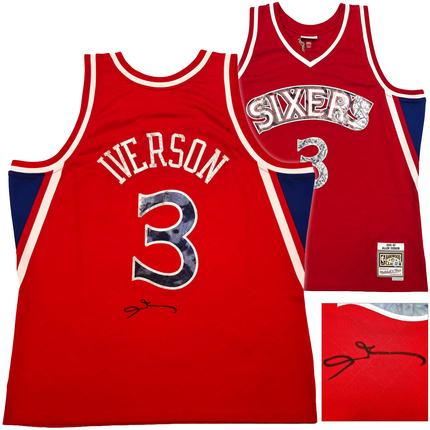 Philadelphia 76ers Allen Iverson Autographed Red Authentic Mitchell & Ness 1996-97 HWC Swingman Diamond NBA 75th Anniversary Jersey Size 2XL Beckett BAS Witness Stock #253627