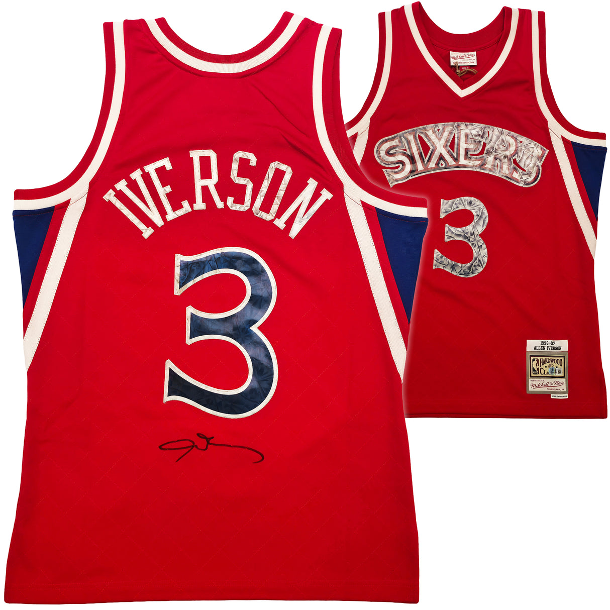 Philadelphia 76ers Allen Iverson Autographed Red Authentic Mitchell & Ness 1996-97 HWC Swingman Diamond NBA 75th Anniversary Jersey Size M Beckett BAS Witness Stock #253626
