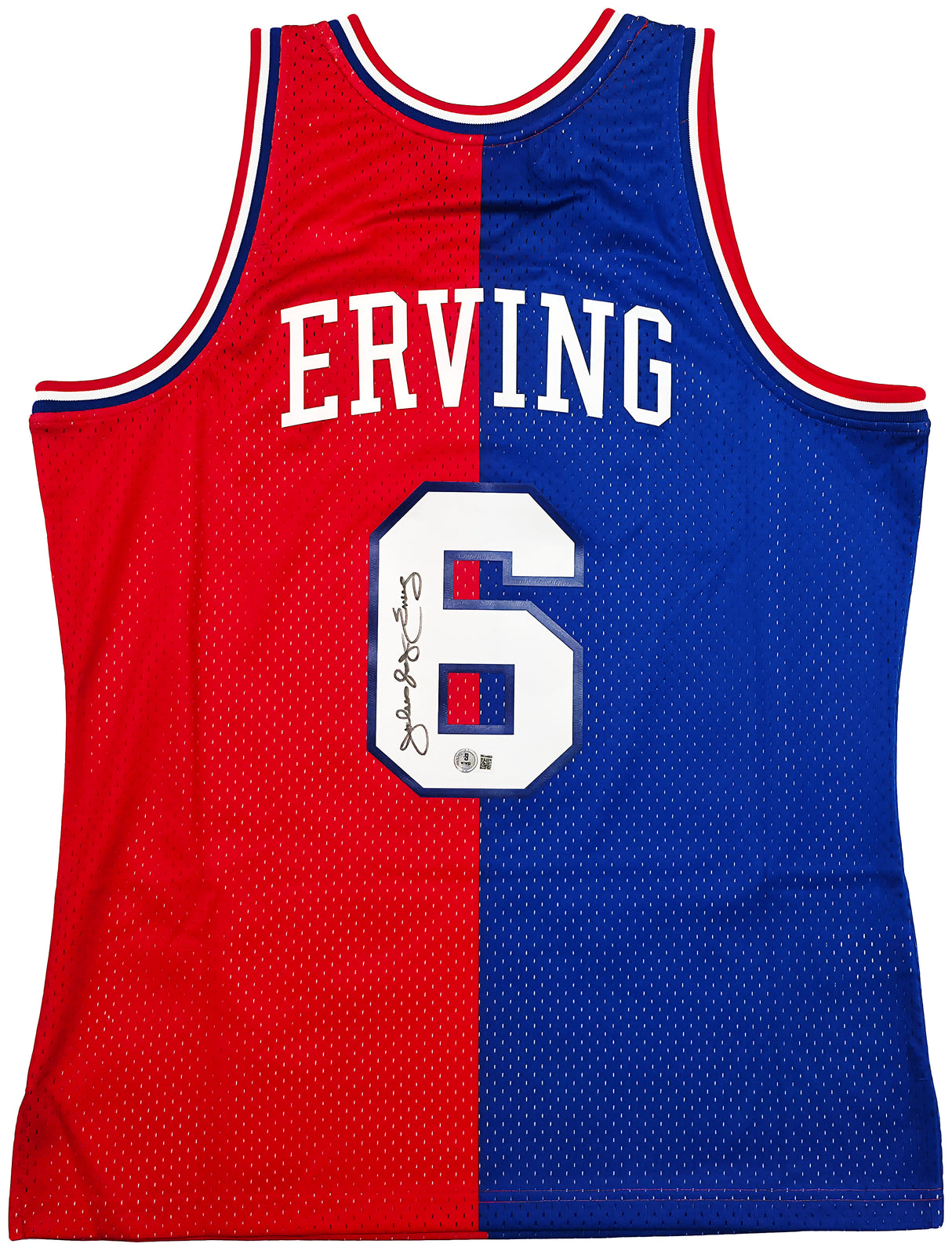 Philadelphia 76ers Julius "Dr. J" Erving Autographed Red & Blue Authentic Mitchell & Ness 1982-83 HWC Swingman Jersey Size L Beckett BAS Witness Stock #253700