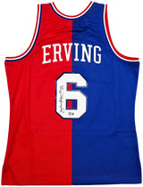 Philadelphia 76ers Julius "Dr. J" Erving Autographed Red & Blue Authentic Mitchell & Ness 1982-83 HWC Swingman Jersey Size L Beckett BAS Witness Stock #253700