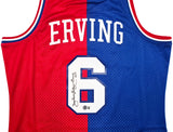 Philadelphia 76ers Julius "Dr. J" Erving Autographed Red & Blue Authentic Mitchell & Ness 1982-83 HWC Swingman Jersey Size L Beckett BAS Witness Stock #253700
