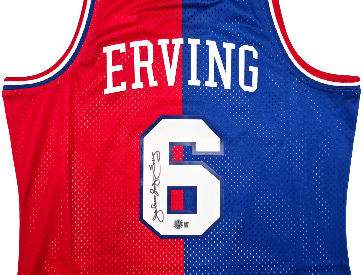 Philadelphia 76ers Julius "Dr. J" Erving Autographed Red & Blue Authentic Mitchell & Ness 1982-83 HWC Swingman Jersey Size L Beckett BAS Witness Stock #253700