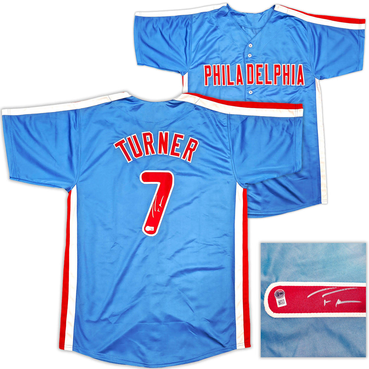 Philadelphia Phillies Trea Turner Autographed Blue Jersey Beckett BAS Witness Stock #253901