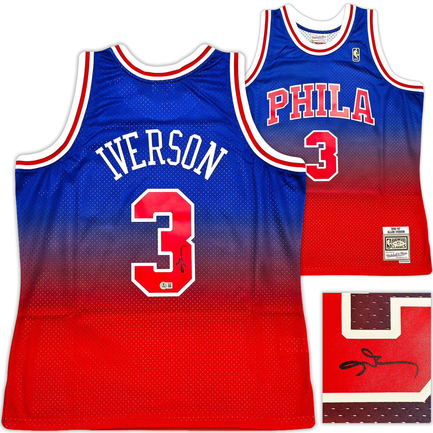 Philadelphia 76ers Allen Iverson Autographed Red Authentic Mitchell & Ness 1996-97 HWC Swingman Fadeaway Jersey Size XL Beckett BAS Witness Stock #253633