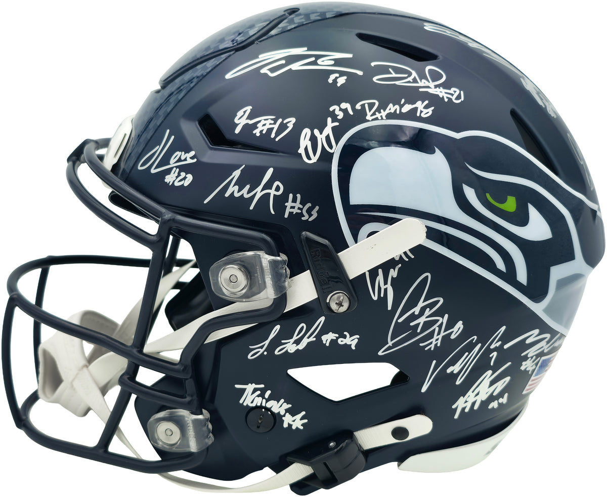 Seattle Seahawks Super Bowl LX Champions Autographed Blue Full Size SpeedFlex Authentic Helmet With 28 Signatures Including Sam Darnold & Jaxon Smith-Njigba Beckett BAS Witness Stock #268080