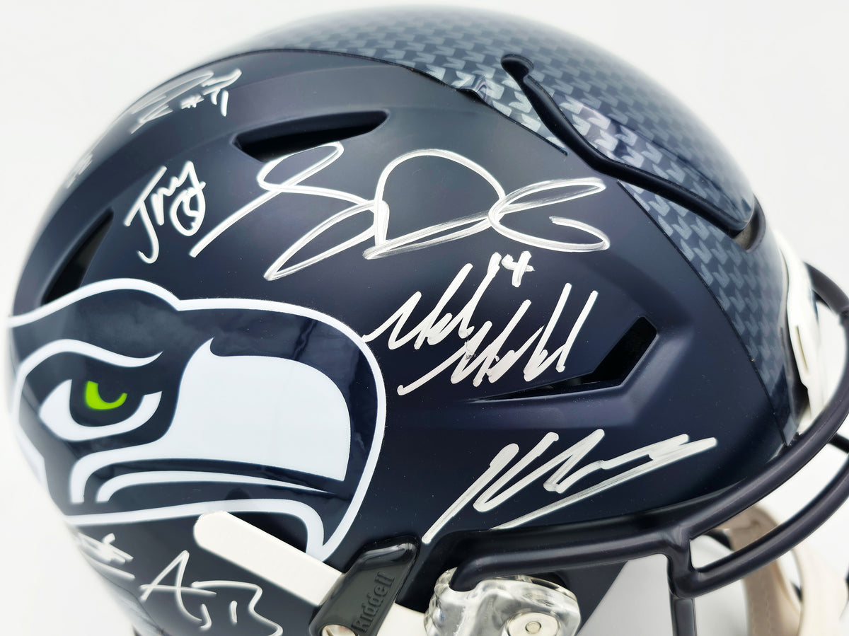 Seattle Seahawks Super Bowl LX Champions Autographed Blue Full Size SpeedFlex Authentic Helmet With 28 Signatures Including Sam Darnold & Jaxon Smith-Njigba Beckett BAS Witness Stock #268080