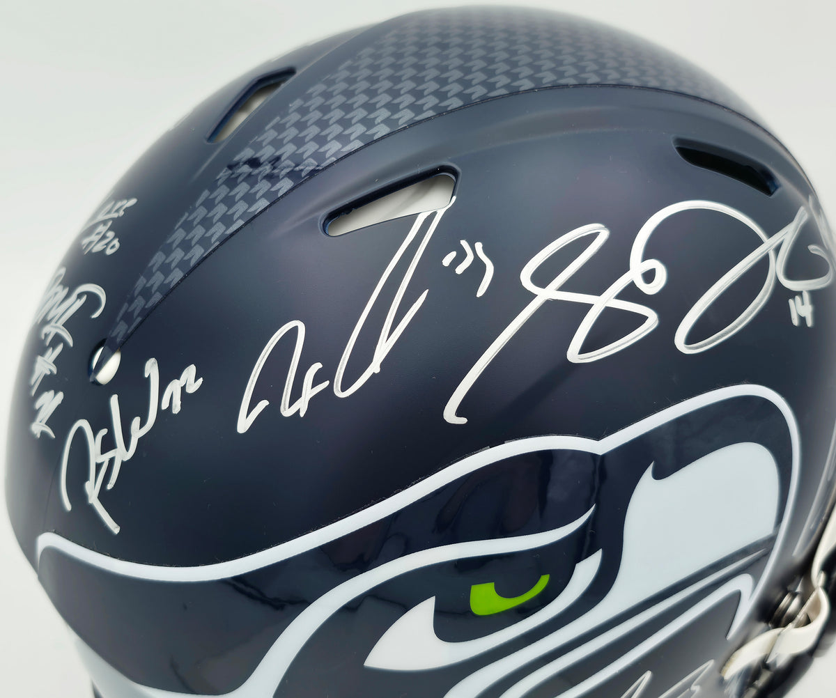 Seattle Seahawks Super Bowl LX Champions Autographed Blue Full Size SB LX Champs Logo Speed Authentic Helmet With 28 Signatures Including Sam Darnold & Jaxon Smith-Njigba Beckett BAS Witness Stock #268081