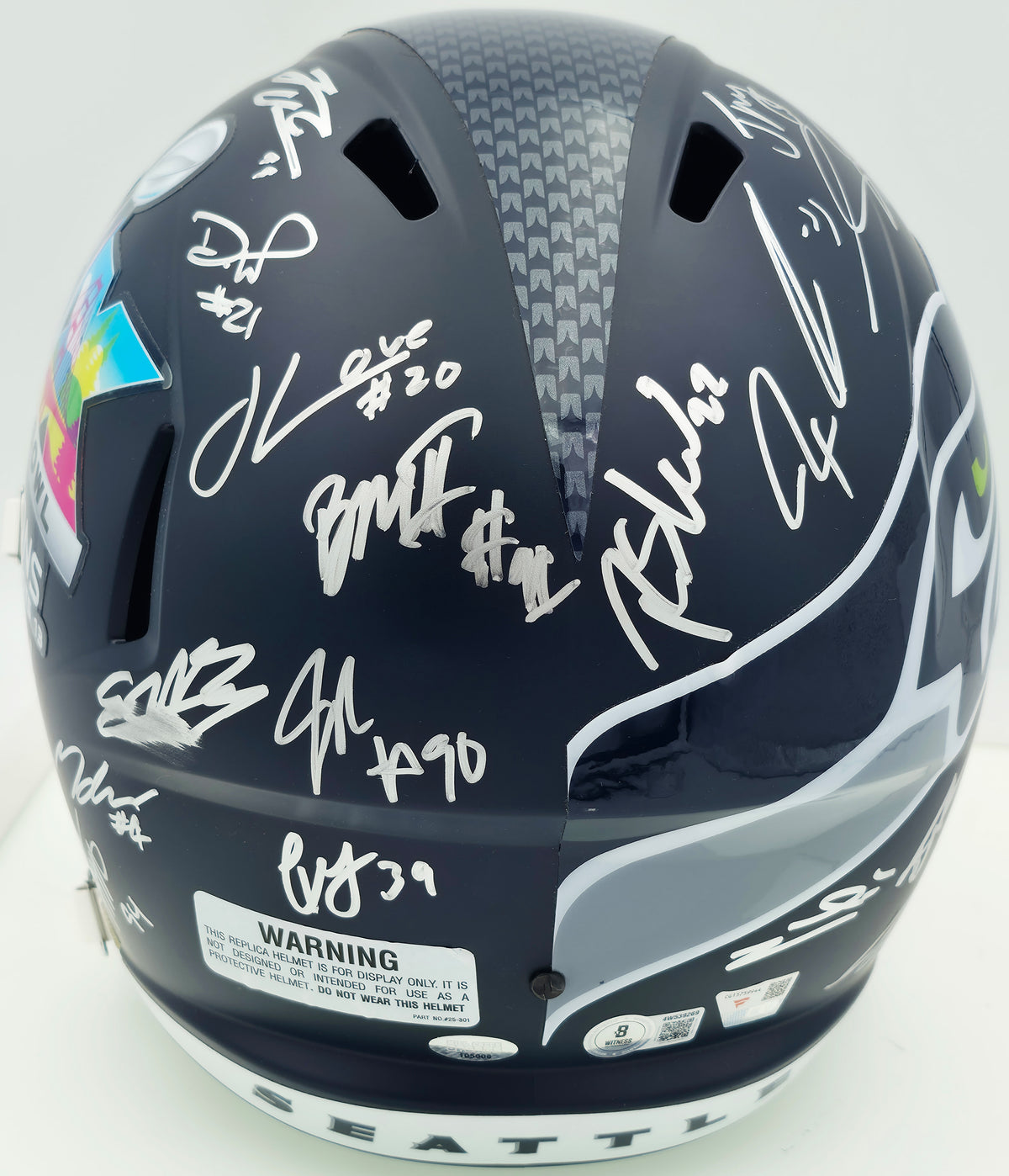 Seattle Seahawks Super Bowl LX Champions Autographed Blue Full Size SB LX Champs Logo Speed Replica Helmet With 28 Signatures Including Sam Darnold & Jaxon Smith-Njigba Beckett BAS Witness Stock #268082