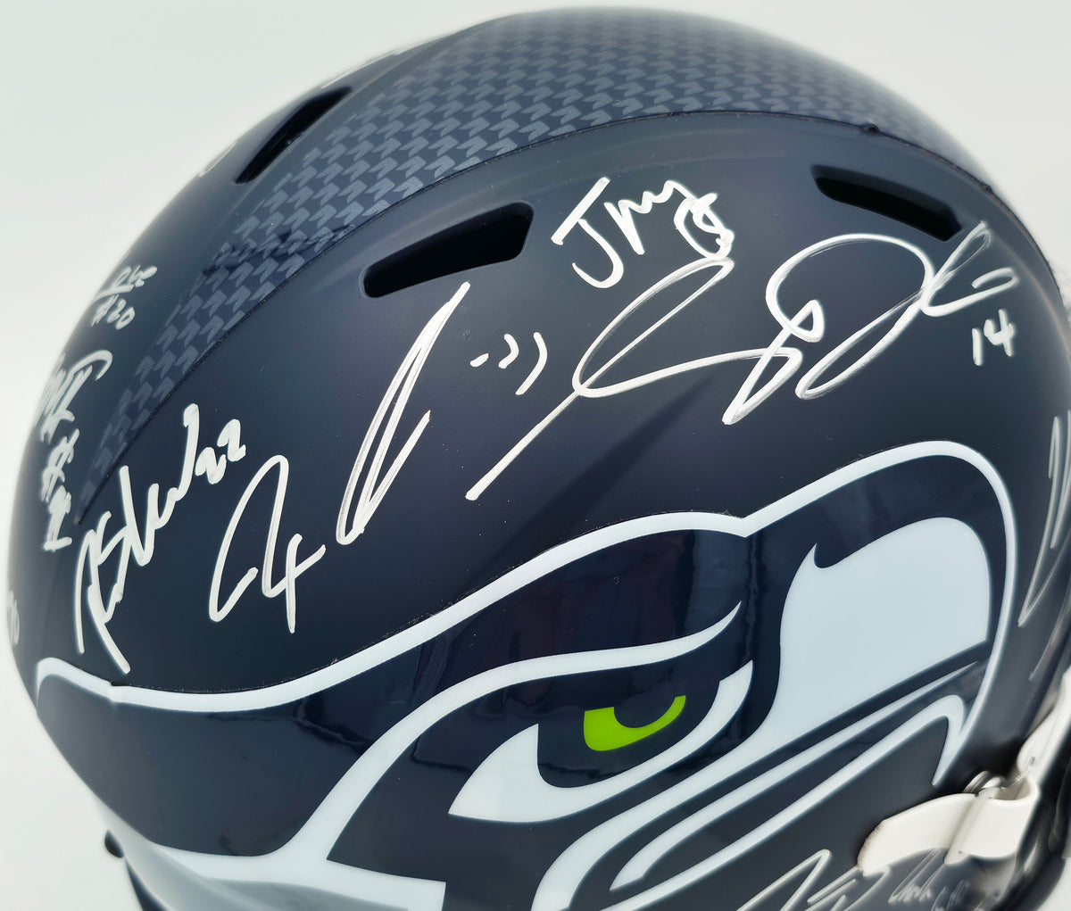 Seattle Seahawks Super Bowl LX Champions Autographed Blue Full Size SB LX Champs Logo Speed Replica Helmet With 28 Signatures Including Sam Darnold & Jaxon Smith-Njigba Beckett BAS Witness Stock #268082