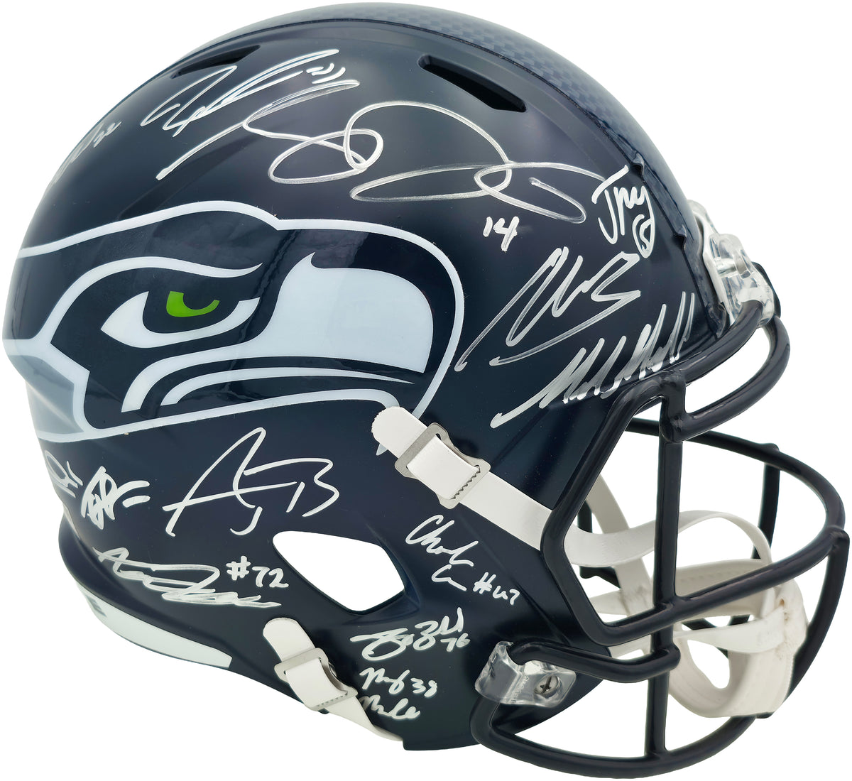 Seattle Seahawks Super Bowl LX Champions Autographed Blue Full Size Speed Replica Helmet With 28 Signatures Including Sam Darnold & Jaxon Smith-Njigba Beckett BAS Witness Stock #268084