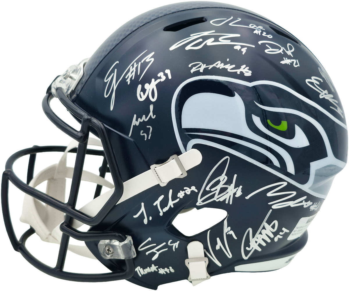 Seattle Seahawks Super Bowl LX Champions Autographed Blue Full Size Speed Replica Helmet With 28 Signatures Including Sam Darnold & Jaxon Smith-Njigba Beckett BAS Witness Stock #268084