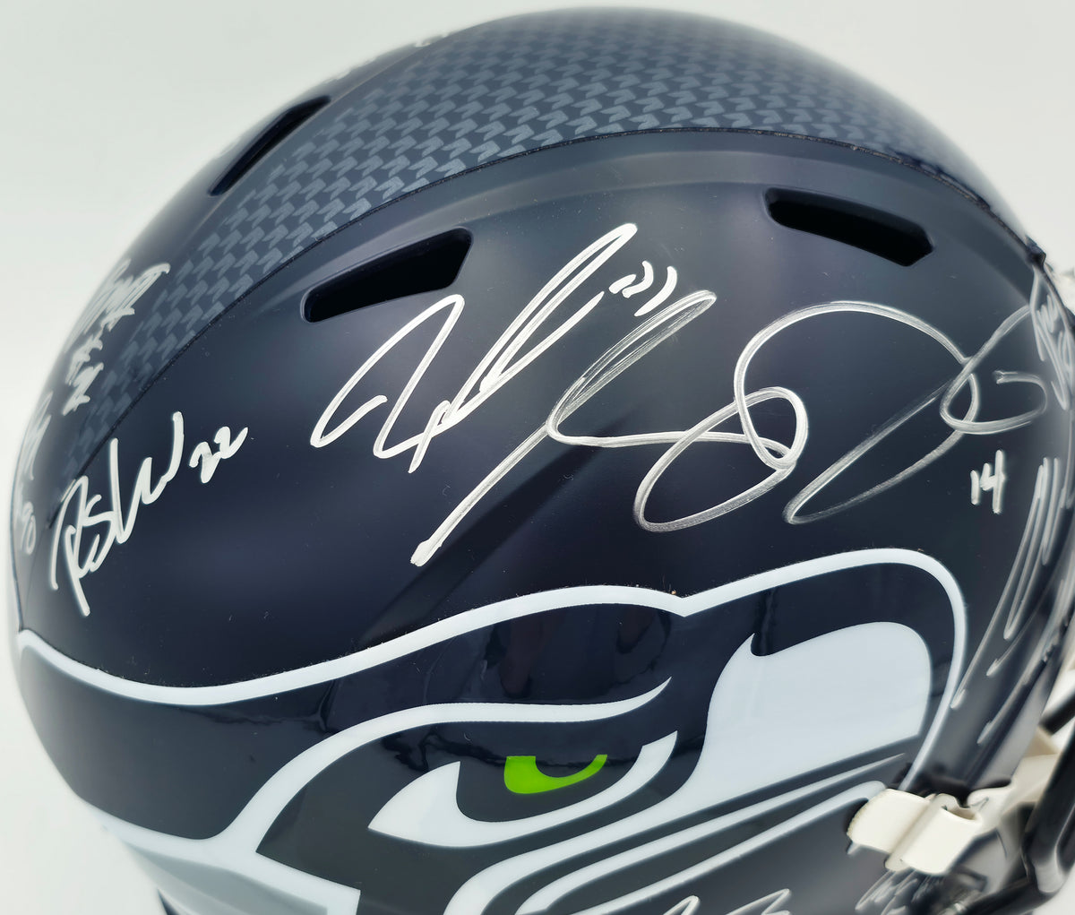Seattle Seahawks Super Bowl LX Champions Autographed Blue Full Size Speed Replica Helmet With 28 Signatures Including Sam Darnold & Jaxon Smith-Njigba Beckett BAS Witness Stock #268084