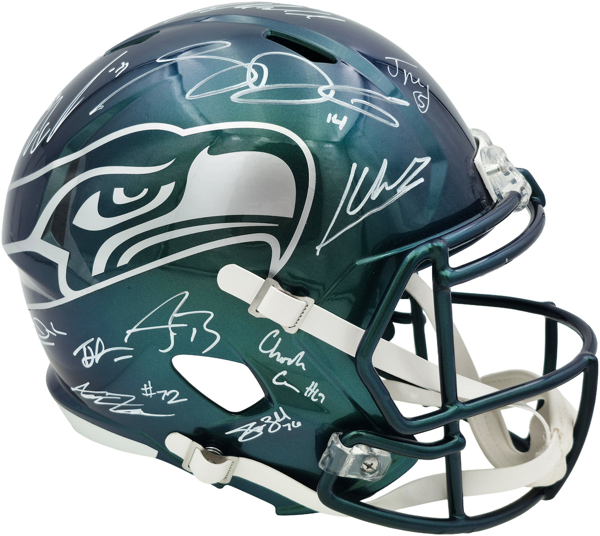 Seattle Seahawks Super Bowl LX Champions Autographed Rivalries Full Size Speed Replica Helmet With 28 Signatures Including Sam Darnold & Jaxon Smith-Njigba Beckett BAS Witness Stock #268086
