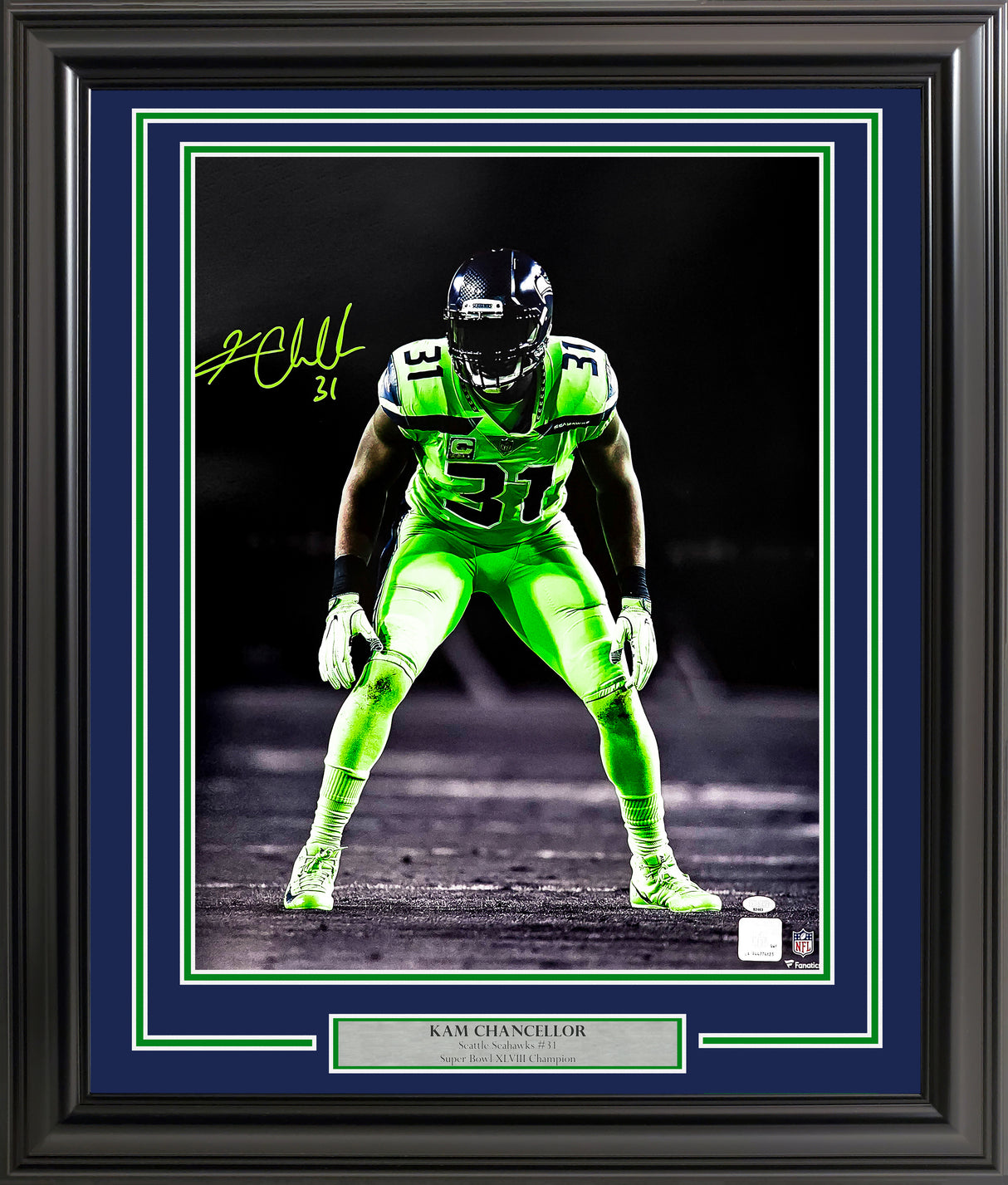 Kam Chancellor Autographed Framed 16x20 Photo Seattle Seahawks Color Rush MCS Holo Stock #254245