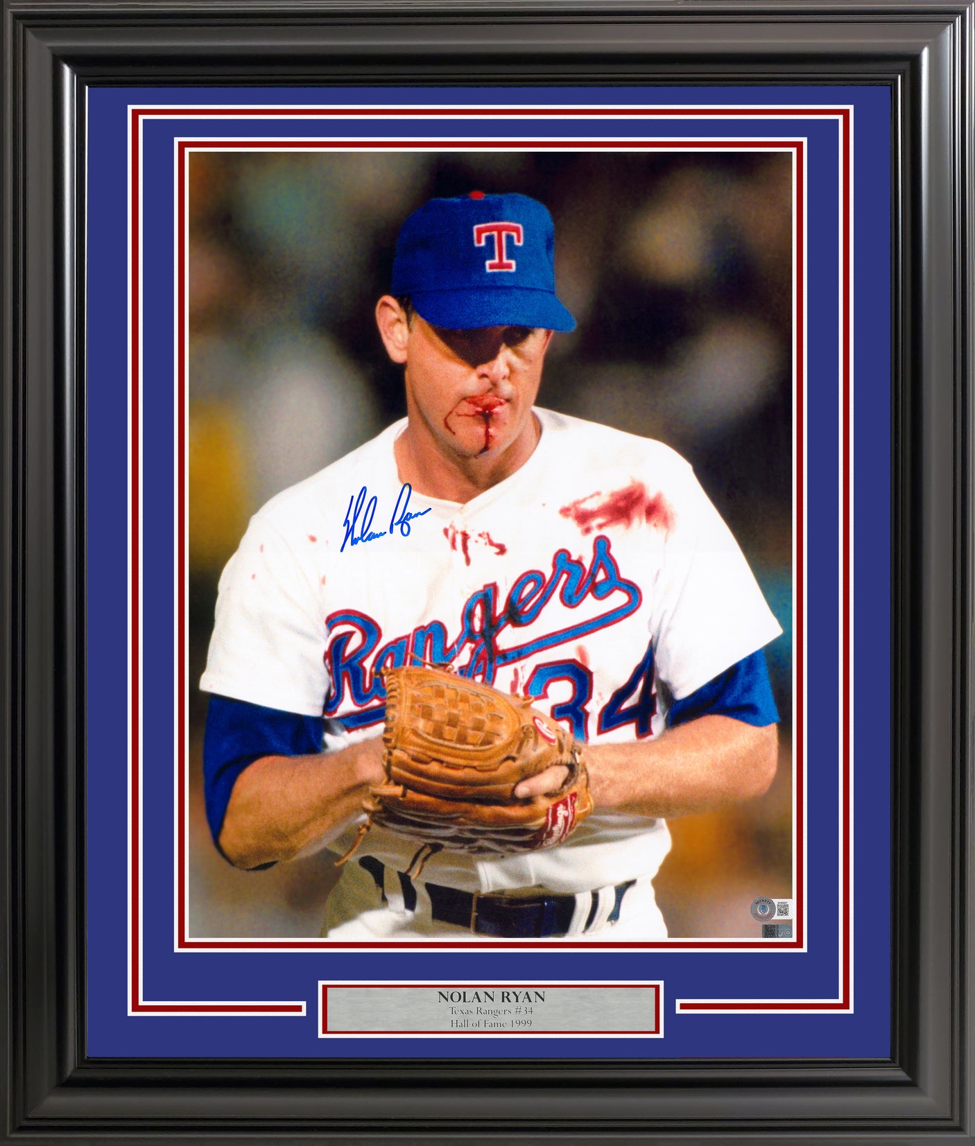 Nolan Ryan Autographed Framed 16x20 Photo Texas Rangers Bloody Beckett BAS QR Stock #254254