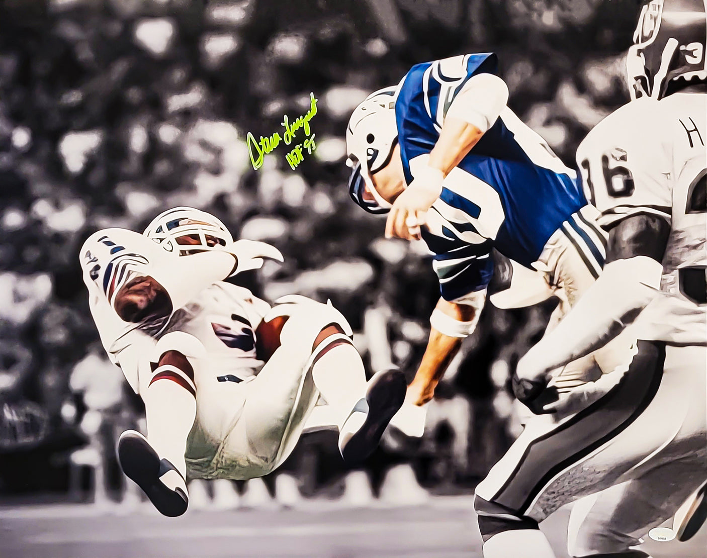 Steve Largent Autographed Framed 16x20 Photo Seattle Seahawks Tackle Fumble Hit vs. Mike Harden "HOF 95" MCS Holo Stock #254260