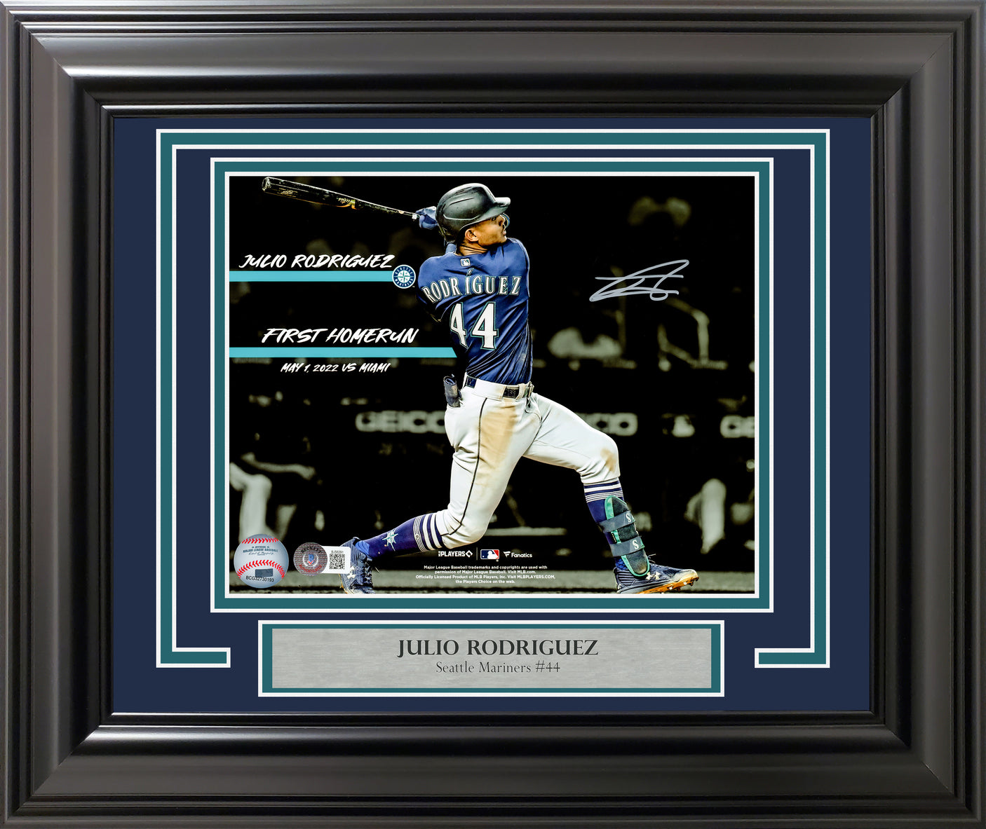 Julio Rodriguez Autographed Framed 8x10 Photo Seattle Mariners 1st Home Run Beckett BAS QR Stock #254281