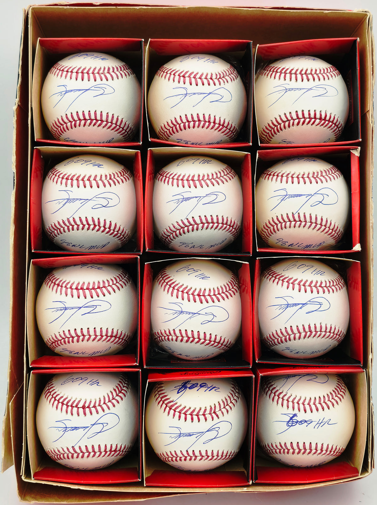Sammy Sosa Autographed Rawlings Official MLB Baseball 12 Count Lot Chicago Cubs "609 HR & 98 NL MVP" (Damaged) Beckett BAS Witness Stock #268006