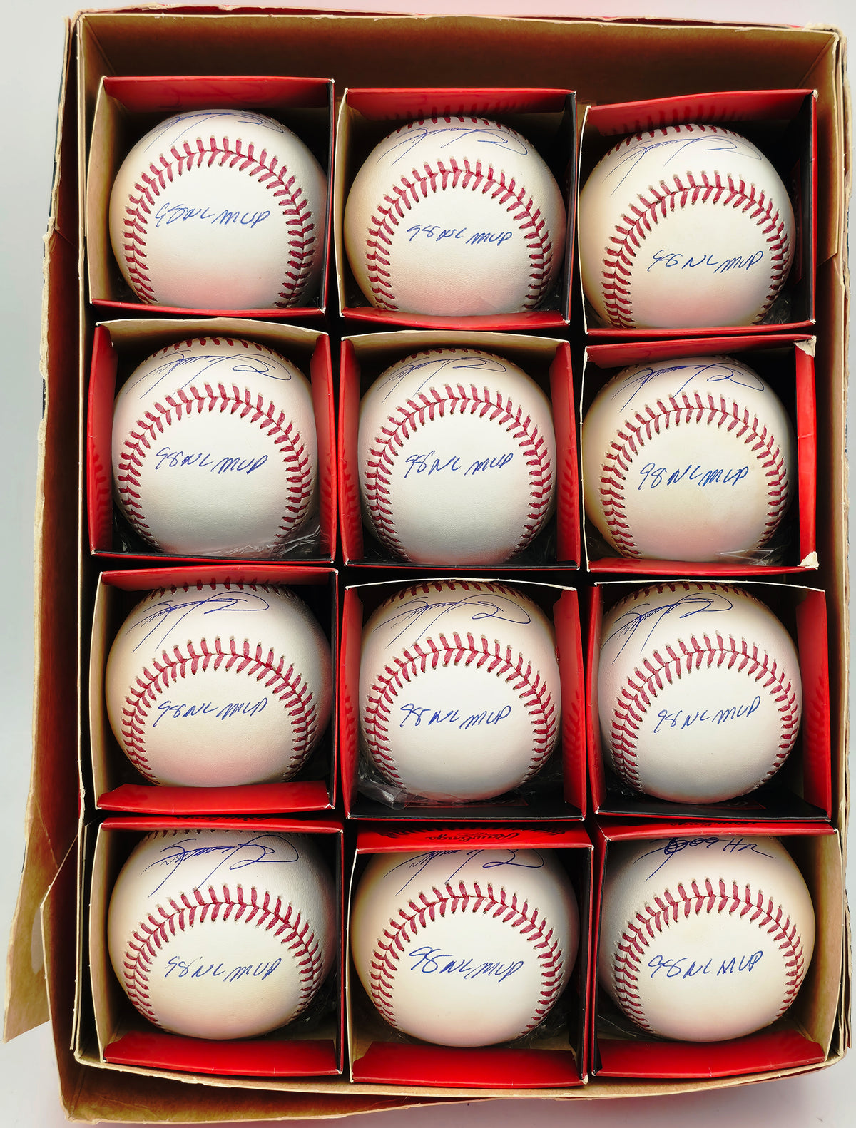 Sammy Sosa Autographed Rawlings Official MLB Baseball 12 Count Lot Chicago Cubs "609 HR & 98 NL MVP" (Damaged) Beckett BAS Witness Stock #268006
