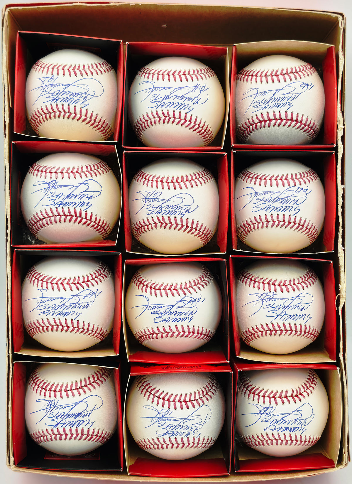 Sammy Sosa Autographed Rawlings Official MLB Baseball 12 Count Lot Chicago Cubs "Slammin Sammy" (Damaged) Beckett BAS Witness Stock #268007