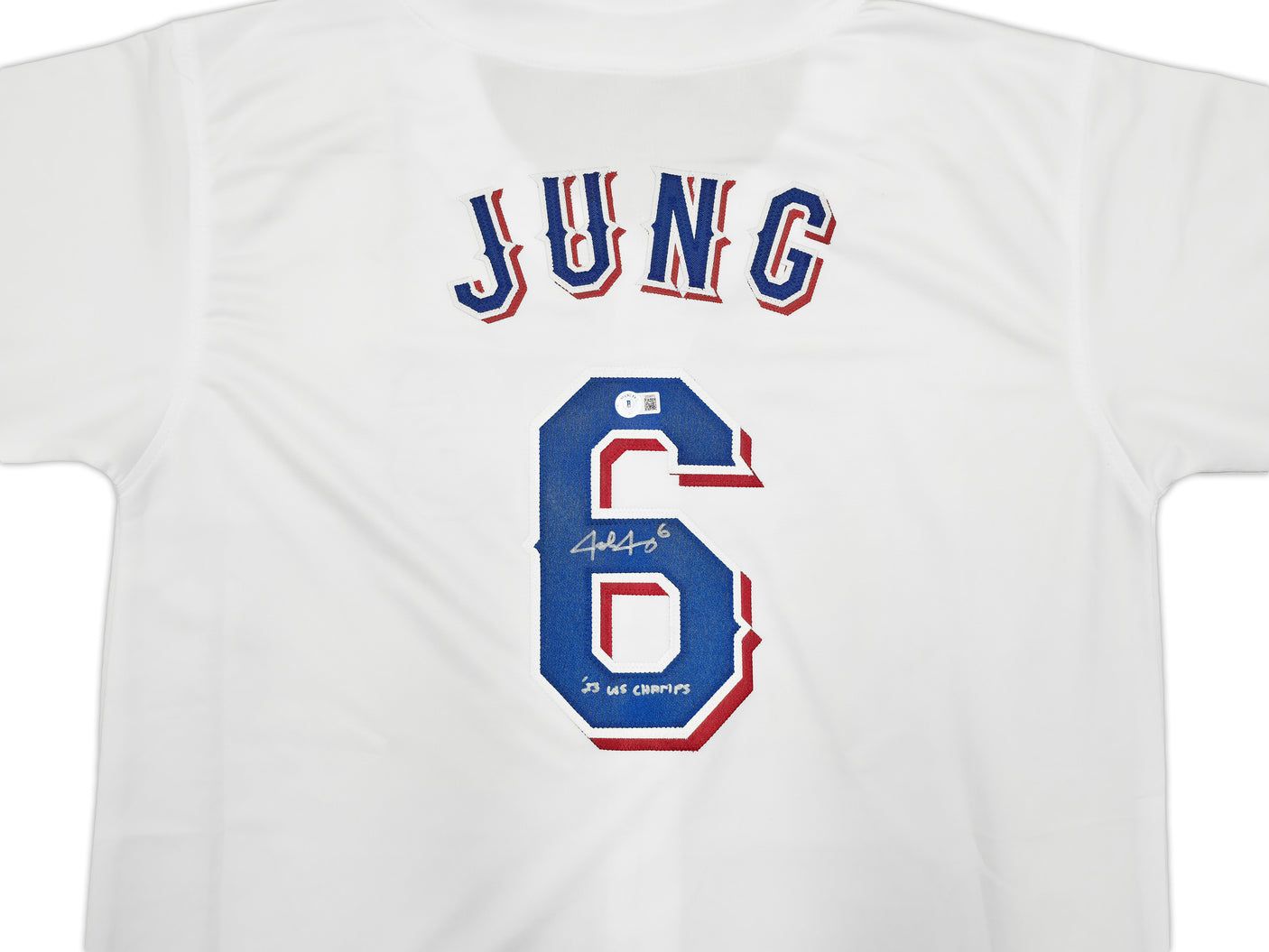 Texas Rangers Josh Jung Autographed White Jersey "23 WS Champs" Beckett BAS Witness Stock #253564
