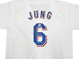 Texas Rangers Josh Jung Autographed White Jersey "23 WS Champs" Beckett BAS Witness Stock #253564