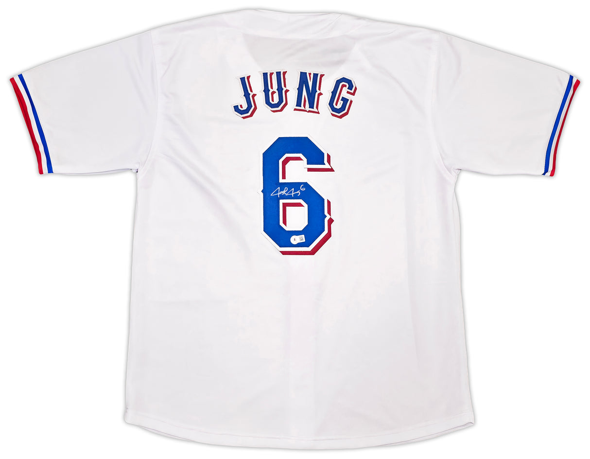 Texas Rangers Josh Jung Autographed White Jersey Beckett BAS Witness Stock #253565