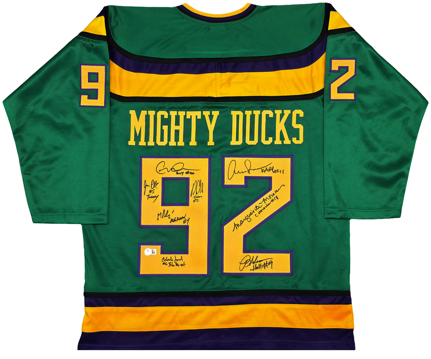The Mighty Ducks Cast Autographed Green Hockey Sweater Jersey With 8 Signatures Beckett BAS Witness Stock #253582
