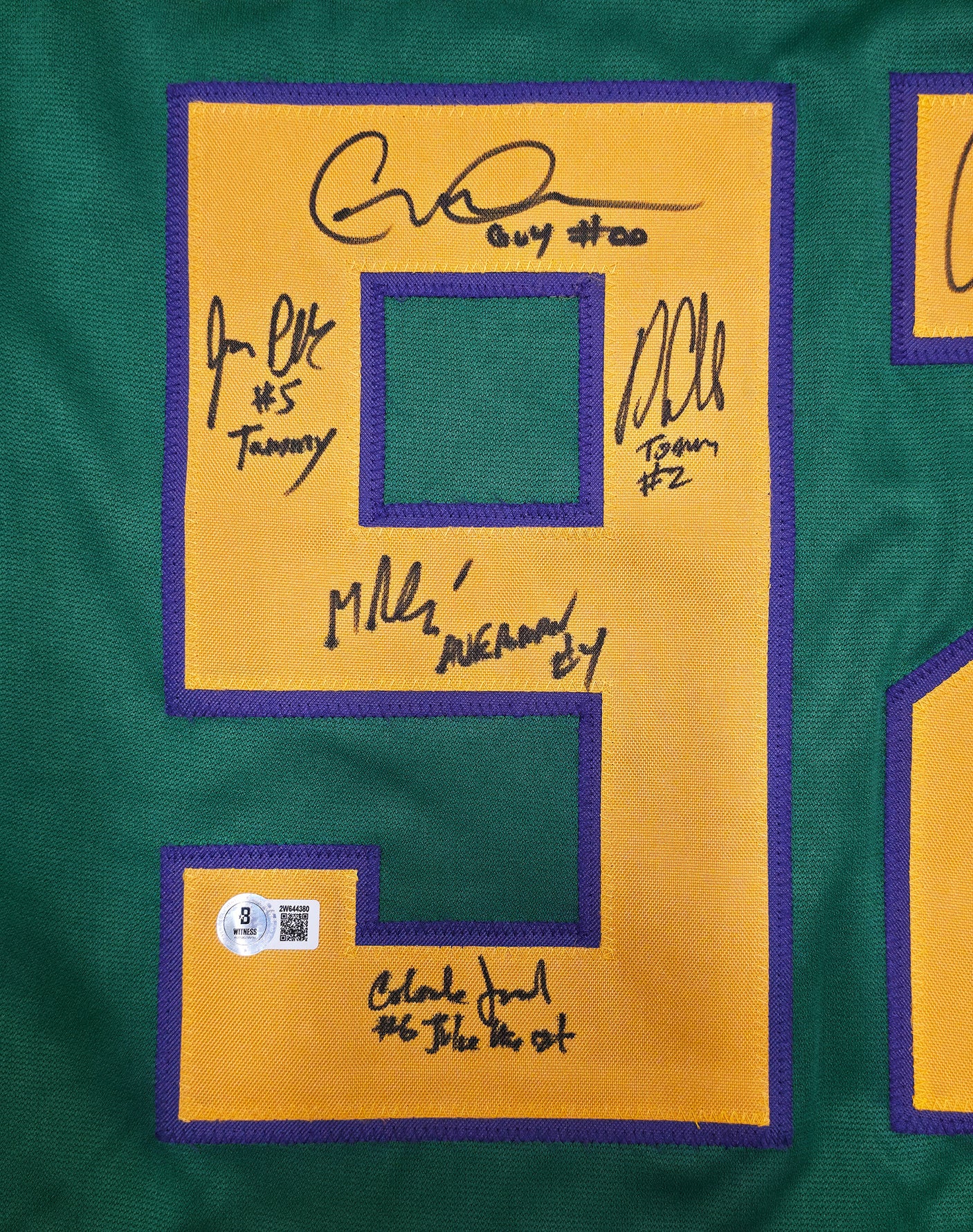 The Mighty Ducks Cast Autographed Green Hockey Sweater Jersey With 8 Signatures Beckett BAS Witness Stock #253582