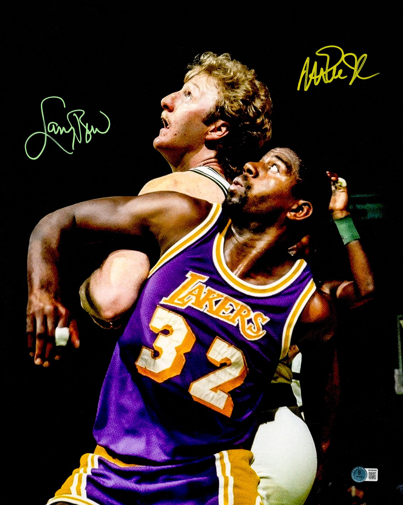 Larry Bird & Magic Johnson Autographed 16x20 Photo Boston Celtics & Los Angeles Lakers Spotlight Beckett BAS Witness Stock #253573
