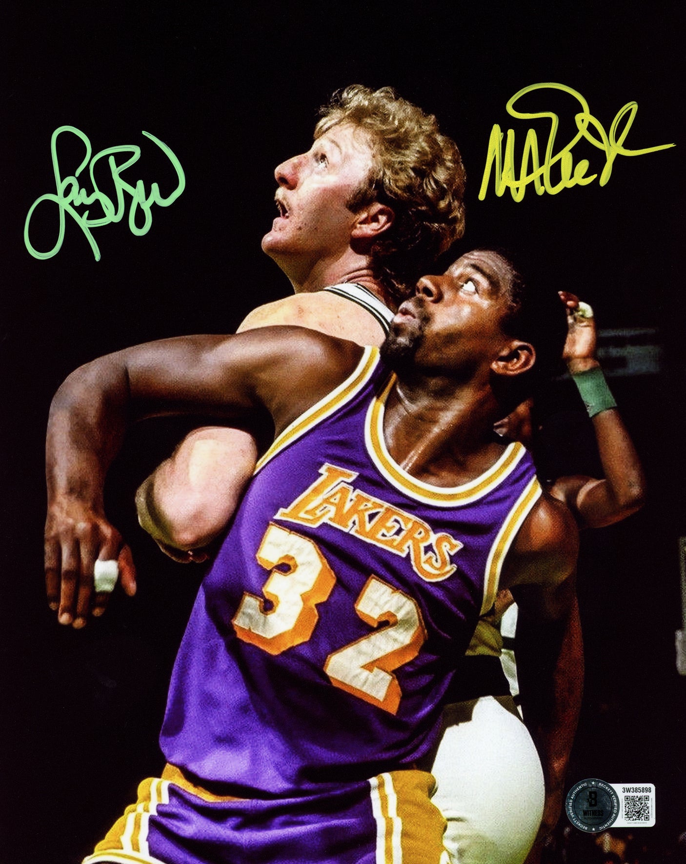 Larry Bird & Magic Johnson Autographed 8x10 Photo Boston Celtics & Los Angeles Lakers Spotlight Beckett BAS Witness Stock #253571