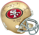 Joe Montana & Dwight Clark Autographed San Francisco 49ers Gold Full Size Replica Helmet "The Catch Play Sketch" Beckett BAS Stock #255469