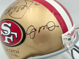 Joe Montana & Dwight Clark Autographed San Francisco 49ers Gold Full Size Replica Helmet "The Catch Play Sketch" Beckett BAS Stock #255469