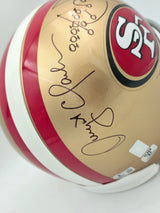 Joe Montana & Dwight Clark Autographed San Francisco 49ers Gold Full Size Replica Helmet "The Catch Play Sketch" Beckett BAS Stock #255469