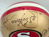 Joe Montana & Dwight Clark Autographed San Francisco 49ers Gold Full Size Replica Helmet "The Catch Play Sketch" Beckett BAS Stock #255469