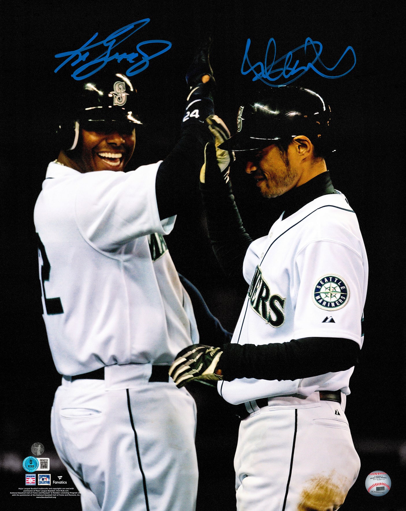 Ichiro Suzuki & Ken Griffey Jr. Autographed 16x20 Photo Seattle Mariners Grand Slam Celebration IS Holo & Beckett BAS Witness Stock #254339