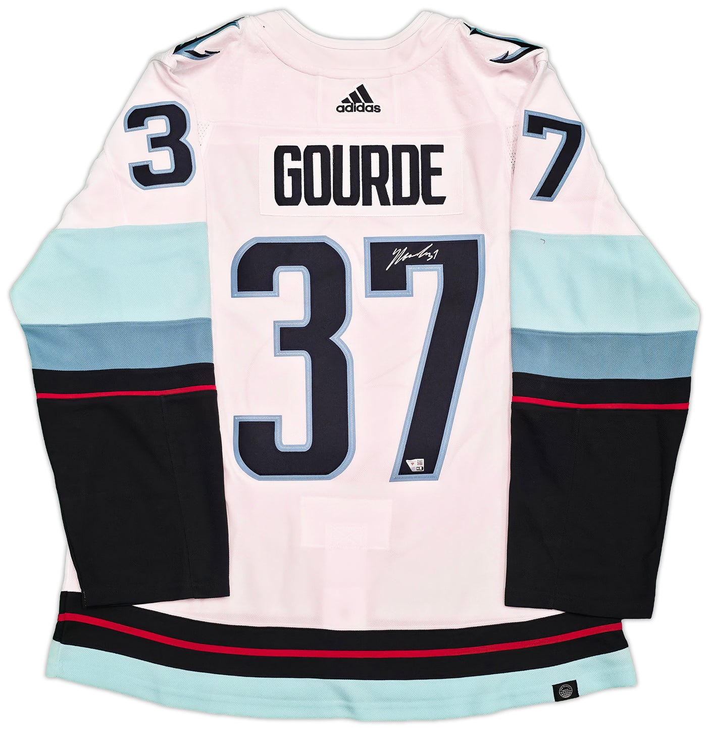 Seattle Kraken Yanni Gourde Autographed White Adidas Authentic Primegreen Jersey Size 54 Fanatics Holo Stock #254450