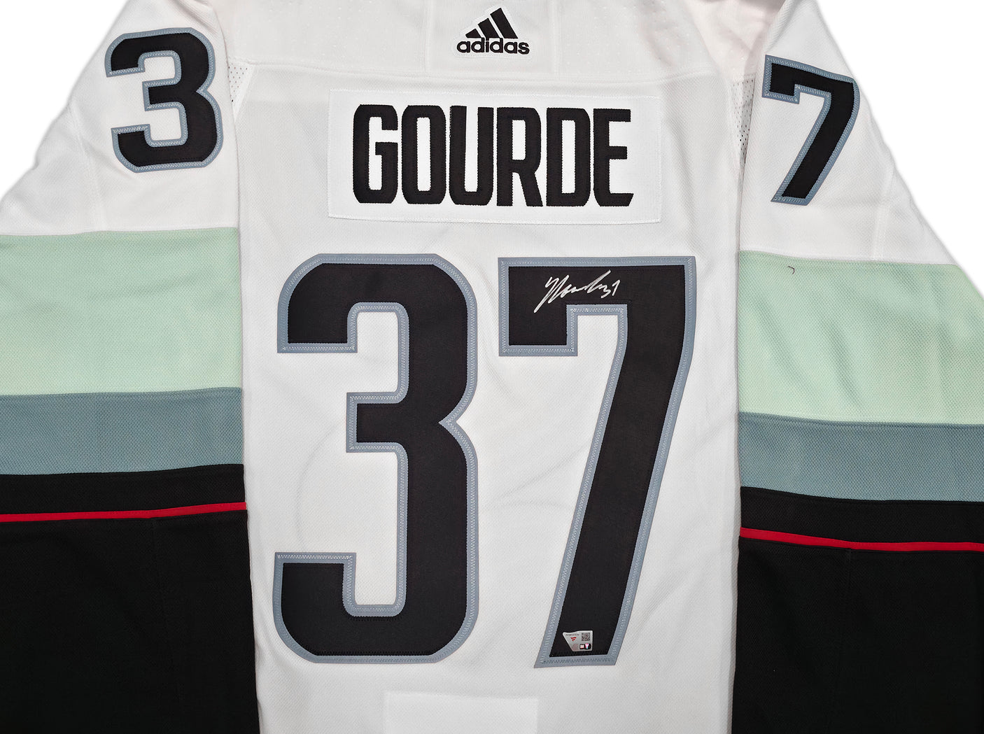Seattle Kraken Yanni Gourde Autographed White Adidas Authentic Primegreen Jersey Size 54 Fanatics Holo Stock #254450