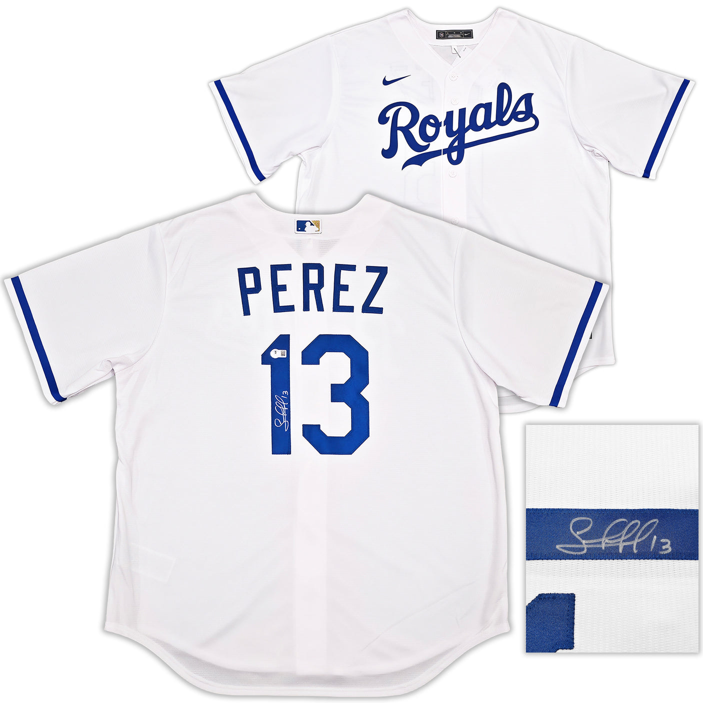 Kansas City Royals Salvador Perez Autographed White Nike Jersey Size XL Beckett BAS Witness Stock #254168
